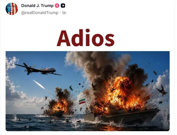 Trump publica imagem de IA de ataque a navio iraniano, após falar em acordo de paz