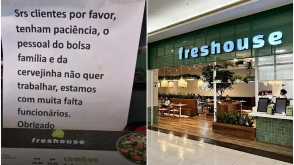 Restaurante deixa aviso culpando ‘pessoal do Bolsa Família’ por falta de funcionários.