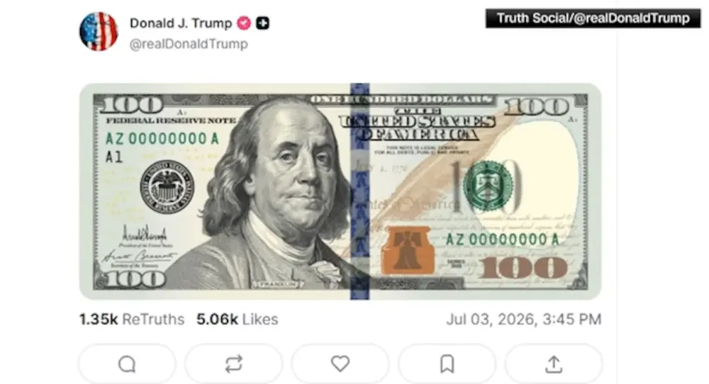 Trump exibe nova nota de US$ 100 com assinatura presidencial inédita