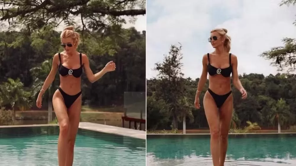 Ana Paula Siebert posa de biquíni na piscina de fazenda de Justus.