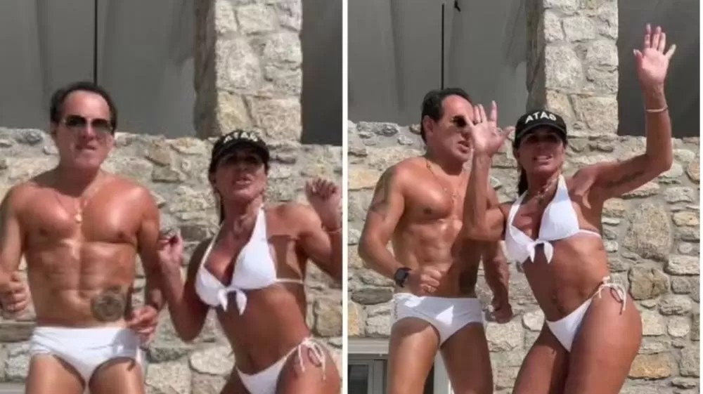 De biquíni e sunga, Gretchen e marido mostram bom humor e dança animada nas redes.