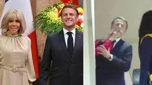 ‘Discussão inofensiva de casal’: Macron aparece em vídeo sendo empurrado por esposa.