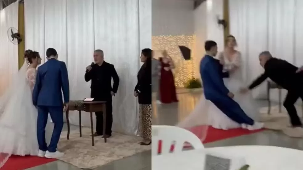 Noivo desmaia após encontrar esposa no altar, e reação viraliza: 'Muita emoção'.
