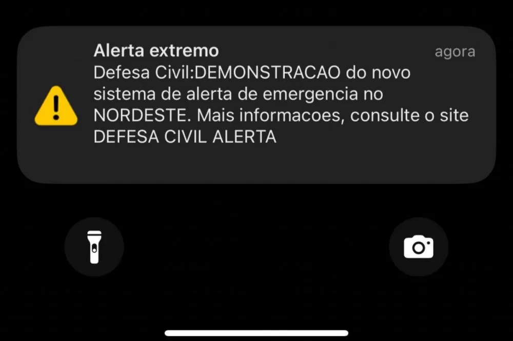 Defesa Civil envia alerta de demonstração para celulares no Nordeste.