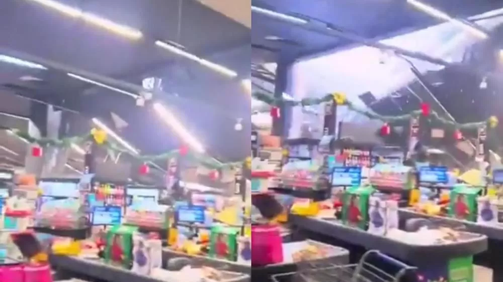 Teto de supermercado desaba durante chuva com granizo em São Paulo.