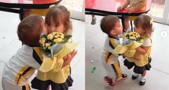 Garotinho entrega flores para pedir desculpas à coleguinha após mordê-la na escola e vídeo viraliza; veja