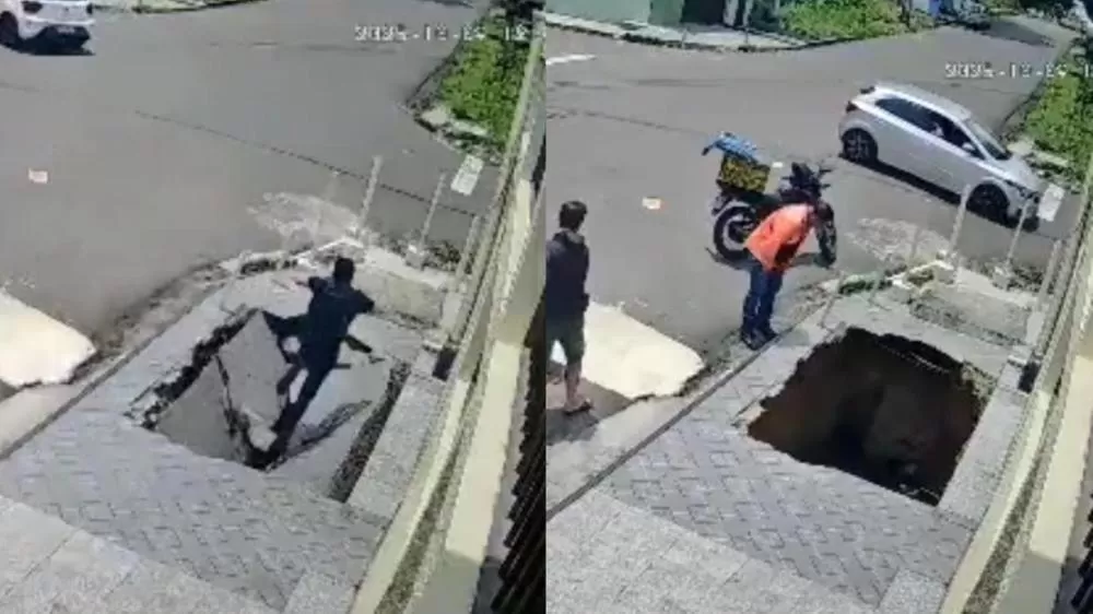 Calçada cede e jovem é 'engolido' por buraco em Manaus