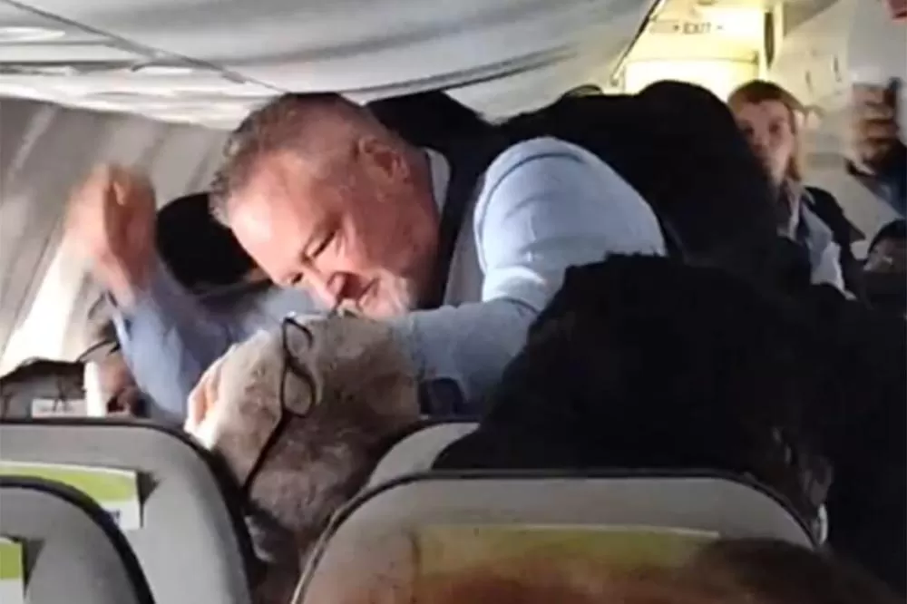 Comissário de bordo dá vários socos no pescoço de passageiro para impedir agressão a mulher.