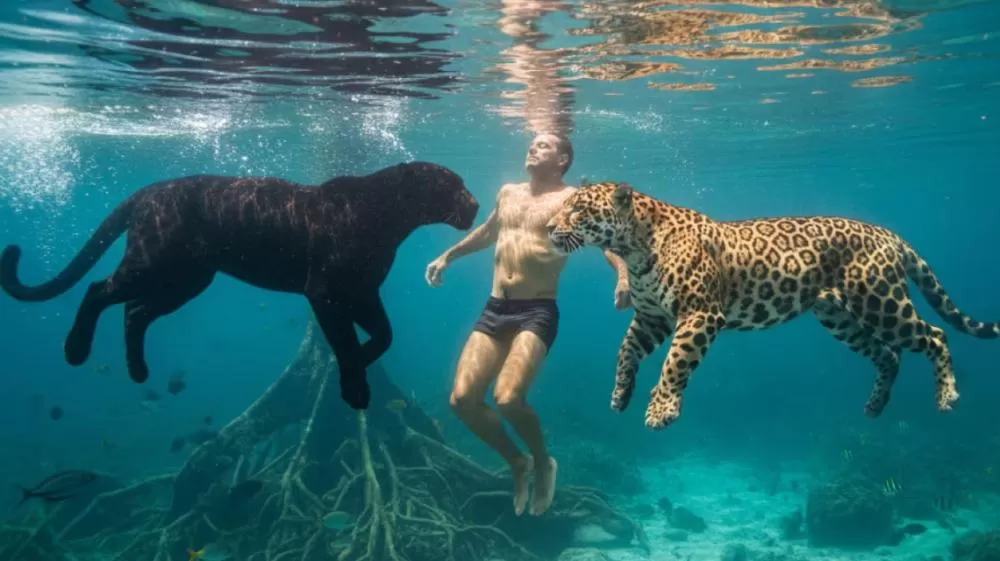 Vídeo impressionante mostra homem nadando com onça-pintada e pantera-negra