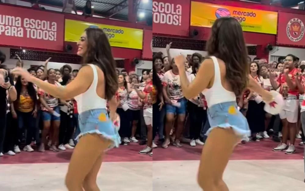 Juliana Paes brilha de body branco e short jeans em ensaio da Viradouro