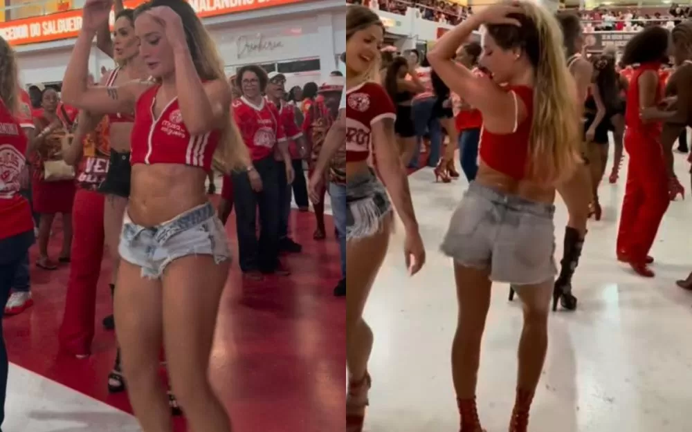 Bruna Griphao eleva temperatura em ensaio do Salgueiro com look vermelho e microshort