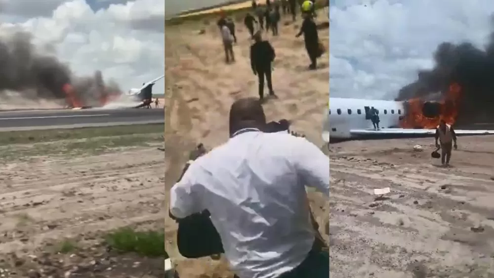 Avião com ministro pega fogo ao pousar no Congo; VÍDEO mostra passageiros escapando do incêndio.