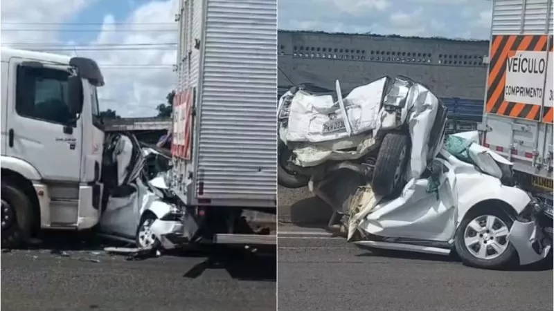 Carro fica completamente esmagado após ser prensado por duas carretas na BR-324; motorista sobreviveu