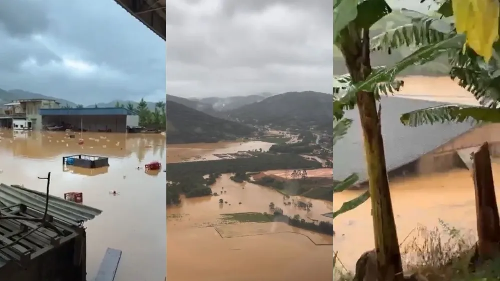 Vídeo: imagens mostram cidade de SC alagada após chuva de 180 mm em 24 horas.