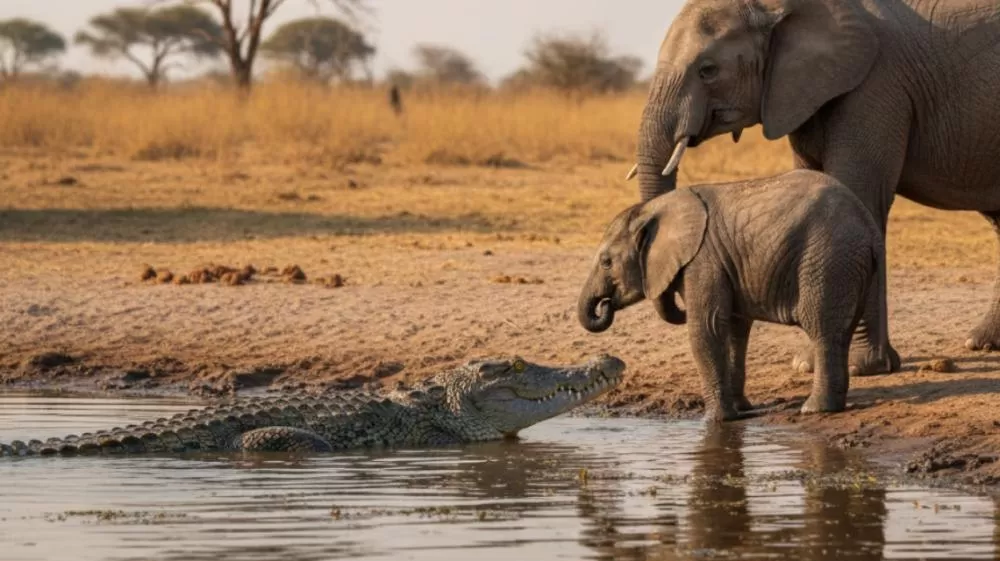 Crocodilo gigante ataca jovem elefante atravessando rio