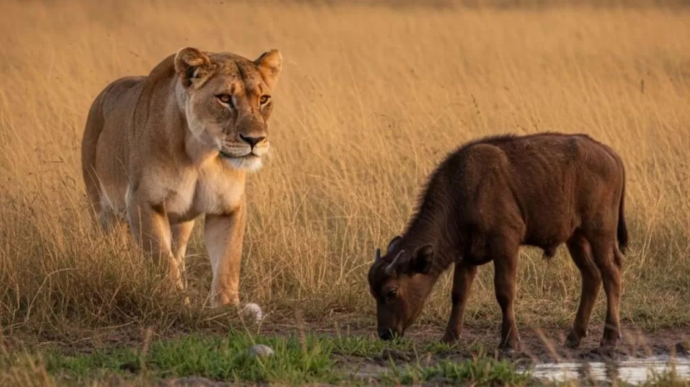 Leoa tenta jantar filhote de búfalo e termina perseguida por manada