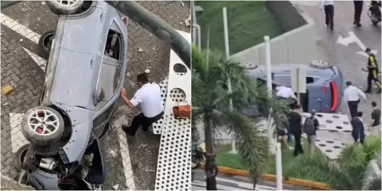 Mulher perde controle da direção e cai com carro do terceiro andar de estacionamento de shopping