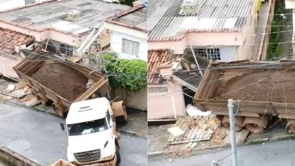 Vídeo: caminhão com 26 toneladas de minério perde controle e atinge casas na Grande BH