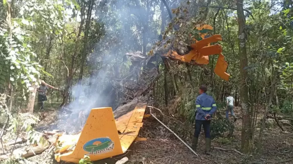 Avião de pequeno porte cai em lavoura de cana-de-açúcar e pega fogo no interior de SP.