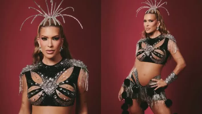 Lore Improta encanta seguidores ao sambar com barrigão de fora em ensaio da Viradouro e Leo Santana “baba”; veja vídeo