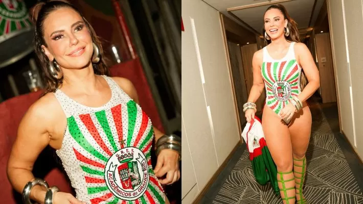 Com muita samba no pé e maiô cavadíssimo, Paolla Oliveira ostenta boa forma e é ovacionada em ensaio da Grande Rio