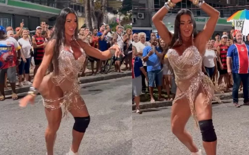 Gracyanne Barbosa samba de tênis em ensaio da União da Ilha
