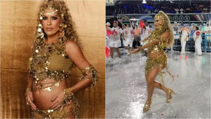 QUE PERIGO! Grávida, Lore Improta desfila debaixo de chuva e passa por grande risco no ensaio da Viradouro; veja vídeo.