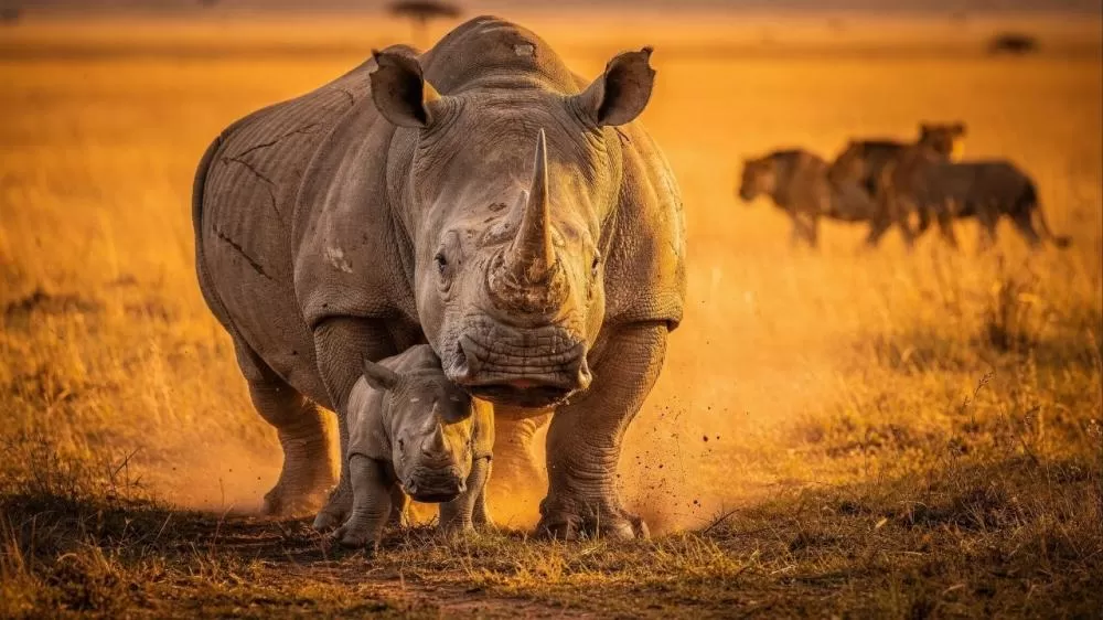 A cena que poucos veem: o rinoceronte que enfrenta leões para proteger os filhotes