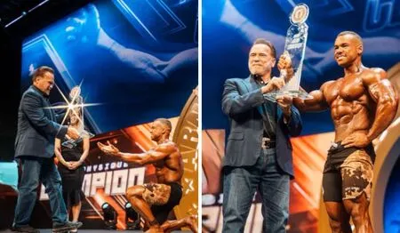 Fisiculturista brasileiro é campeão da Men's Physique no Arnold UK e recebe troféu de Schwarzenegger.