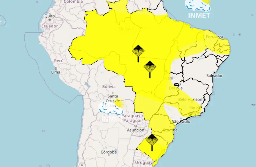 Inmet emite alerta de tempestades para a maior parte do país até terça-feira