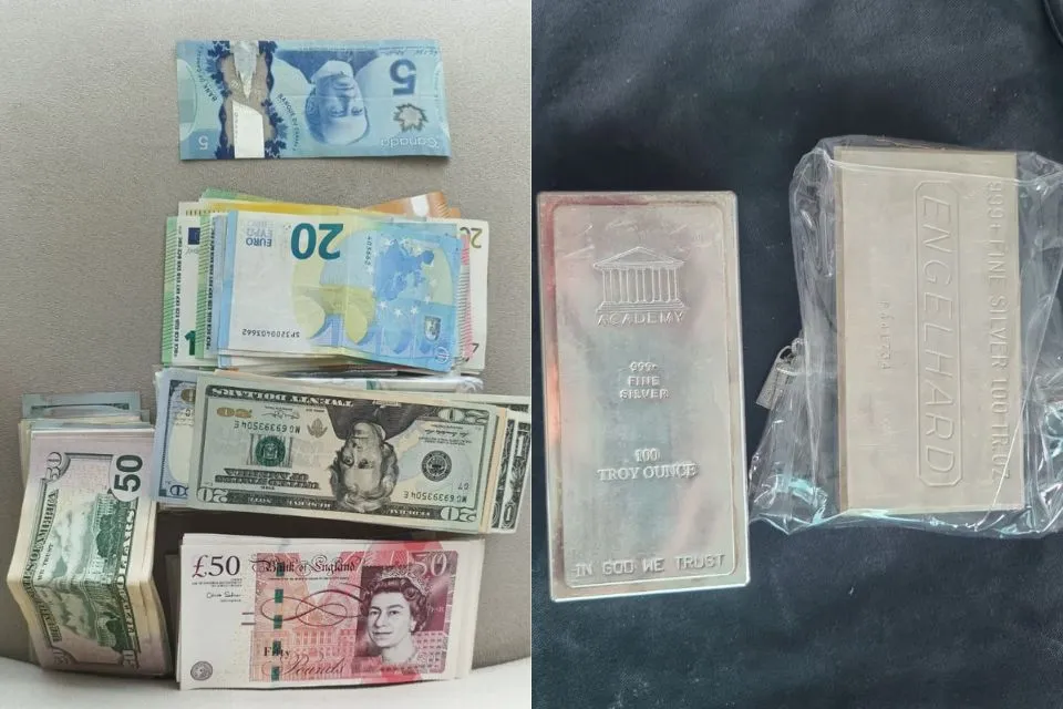 Barras de prata e cédulas estrangeiras são apreendidas em operação contra lavagem de dinheiro envolvendo servidores públicos em Pernambuco.