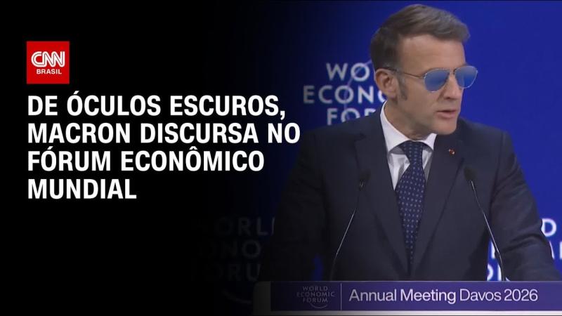 Veja momento que Macron aparece de óculos escuro durante discurso em Davos