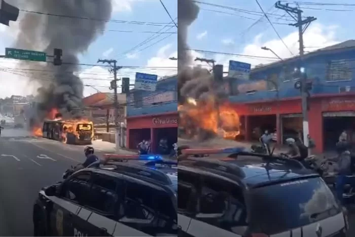 São Paulo ônibus pega fogo, bate em poste e atinge fiação elétrica.