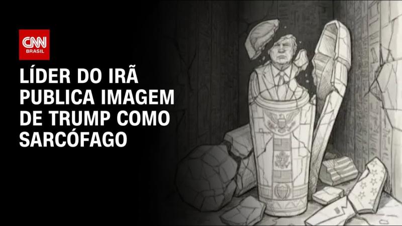 Líder Supremo do Irã publica charge de Trump em um sarcófago em ruínas